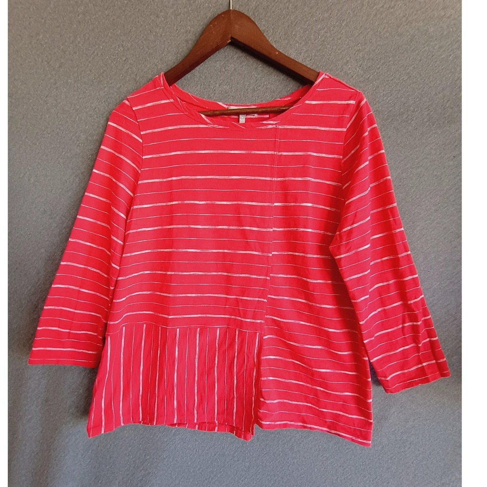 Habitat Clothes Red White Striped Cotton Asymmetrical Top Medium 3/4 Sleeve Boho